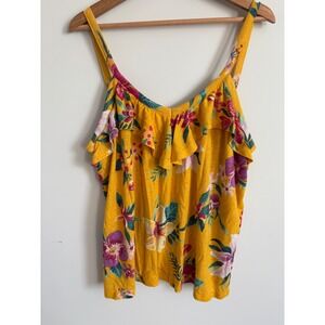 Old Navy Womens XL Mustard Yellow Floral Linen Blend Ruffle V-Neck Camisole Tank